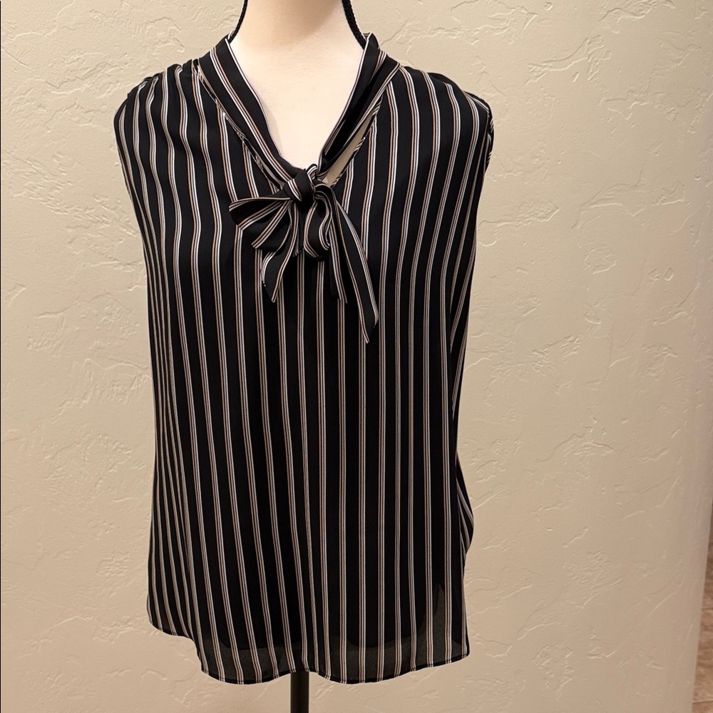 White House Black Market Black Sleeveless Striped Tie-Neck Blouse